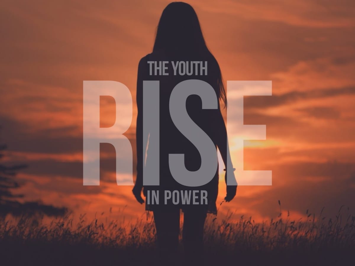 The Youth Rise in Power title card: a woman in silhouette standing in long grass against an orange sunset sky.